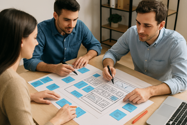 3شخص که در حال بررسی راه های به نمایش گذاشتن استعداد های گروه خود هستند.