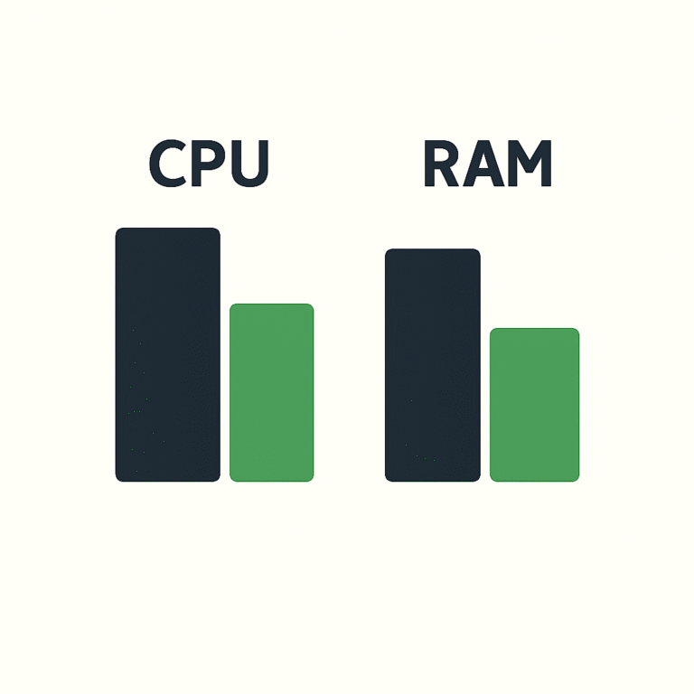 نمودار مصرف CPU و RAM قبل و بعد از بهینهسازی سرور