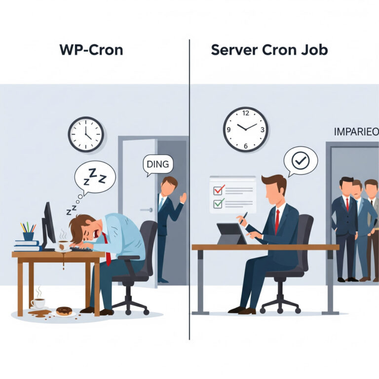 اینفوگرافیک مقایسه عملکرد WP-Cron ناکارآمد با کرون جاب سرور کارآمد